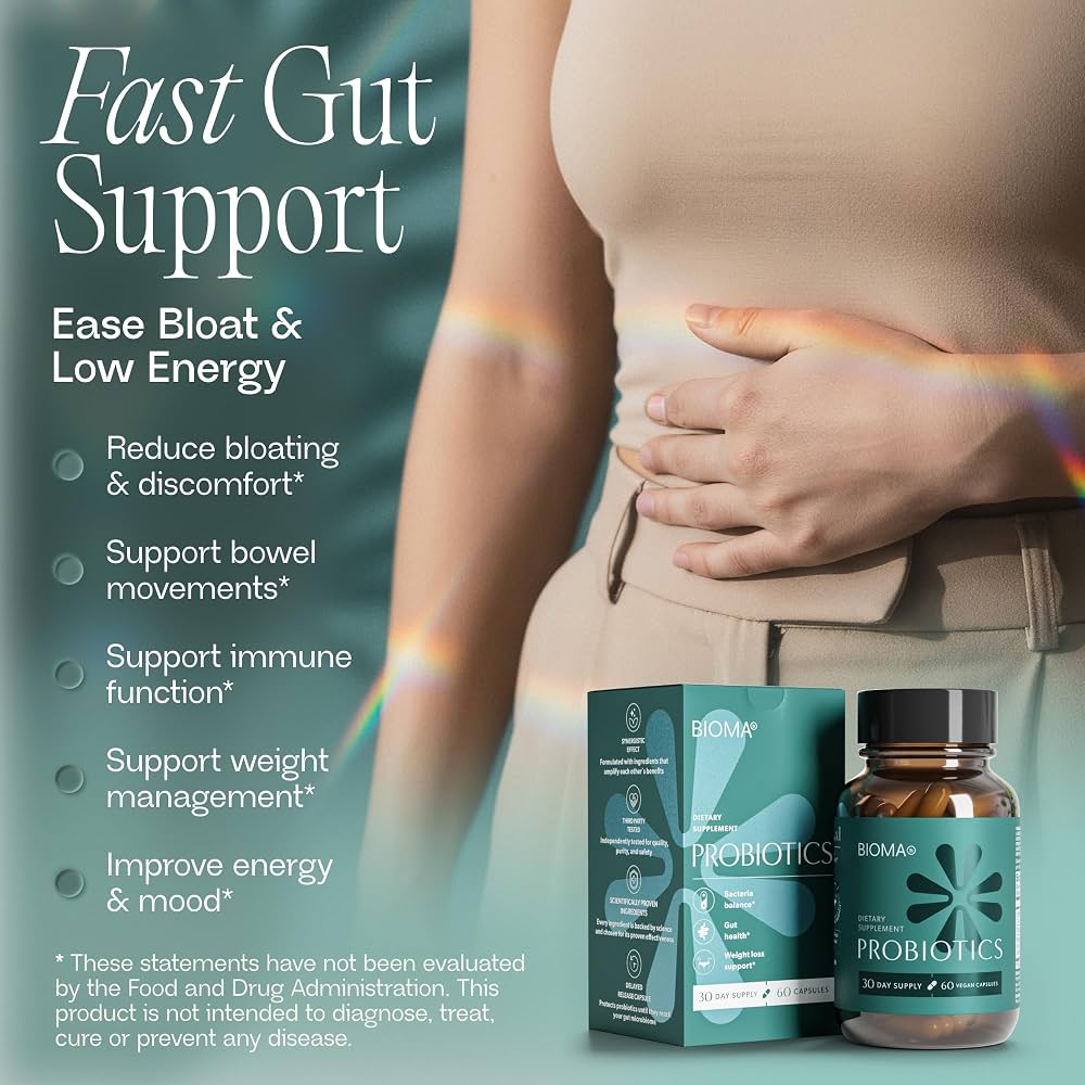 Supplied Bioma promotional image showing the bottle and advertised gut-support claims