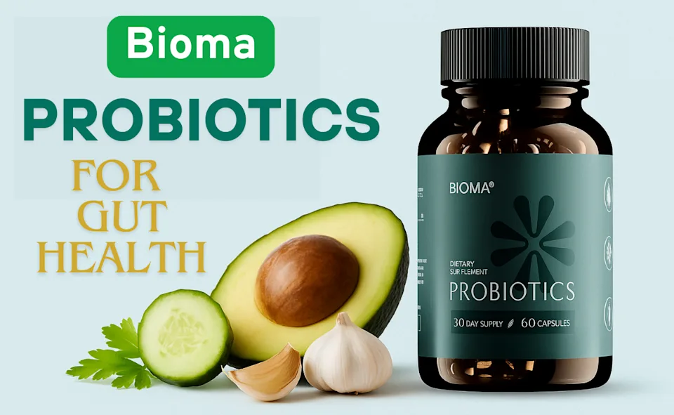 Bioma probiotic bottle beside avocado, cucumber and garlic, in the supplied Canadian product image